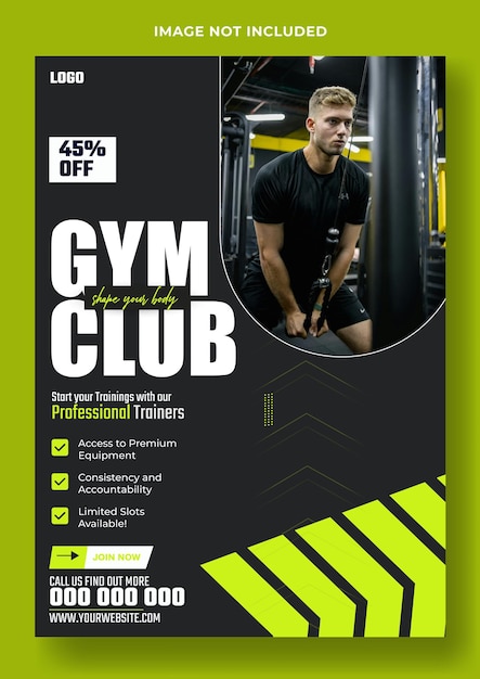 a poster for gym showing a man in a gym with a green background