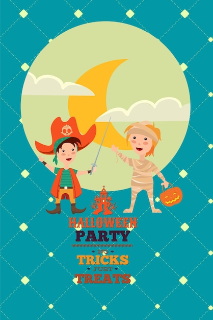 A poster for halloween party shows a boy and girl in a halloween costume