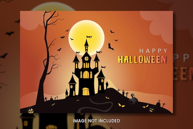 a poster for halloween with a castle on the top.