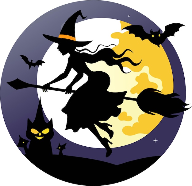 Vector a poster for halloween with a witch and bats flying in the sky