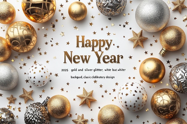 Vector a poster for happy new year with a christmas tree and gold ornaments