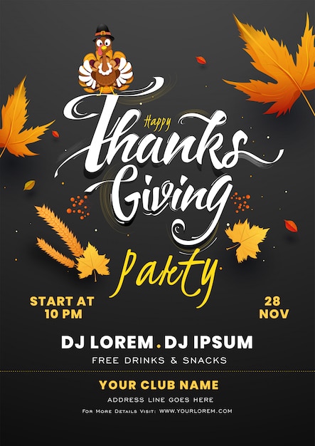 Vector poster of happy thanksgiving party with turkey bird, autumn leaves and event detail