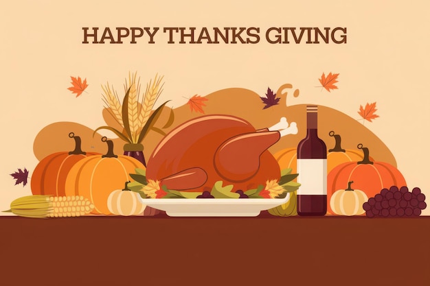 Vector a poster for happy thanksgiving with a bottle of wine and pumpkins