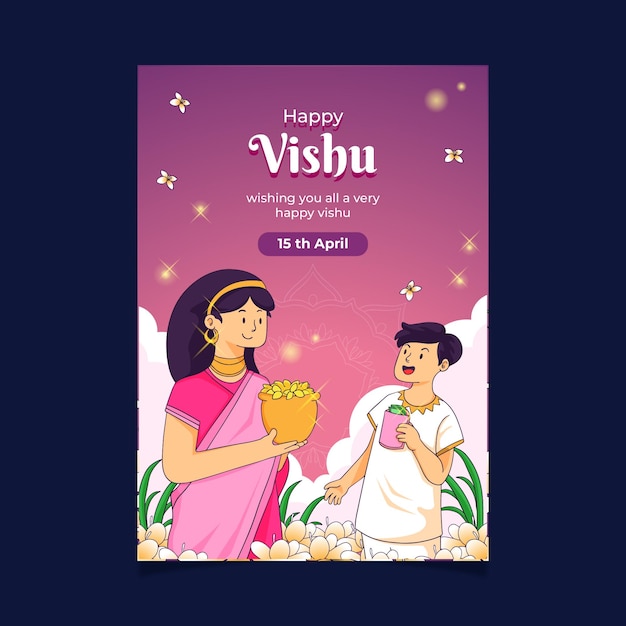 A poster for happy vishu with a basket of vegetables and fruits