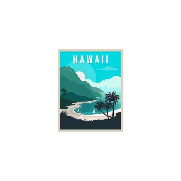 A poster for a hawaiian beach with palm trees and mountains in the background