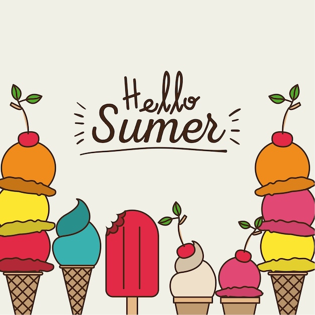 poster of hello summer with variety of ice creams 