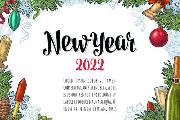 Poster horizontal Happy New Year 2022 lettering Vector vintage engraving