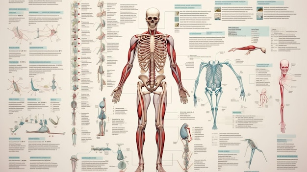 Vector a poster of a human skeleton with the bones labeled with the lower right