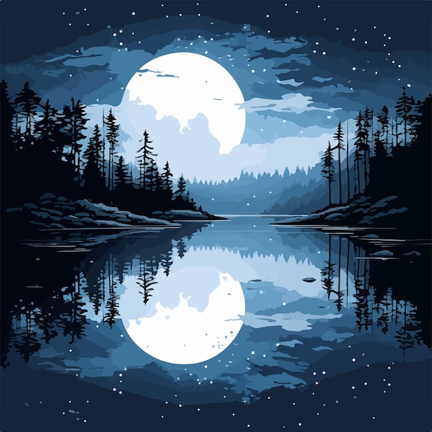 Vector a poster for a lake with a full moon and trees and the moon reflected in the water