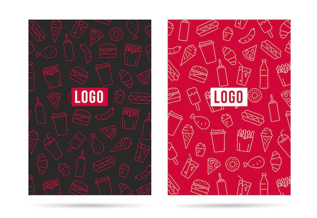 Poster layout menu or paper bag cover with linear icons of fast food and drinks