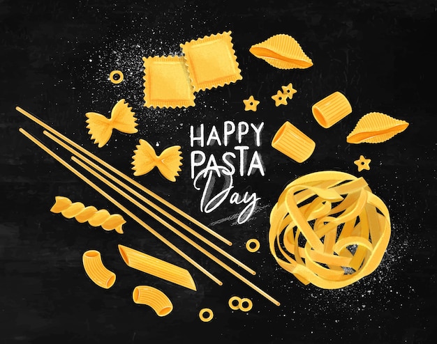 Poster lettering happy pasta day with many kinds of macaroni drawing on chalkboard background