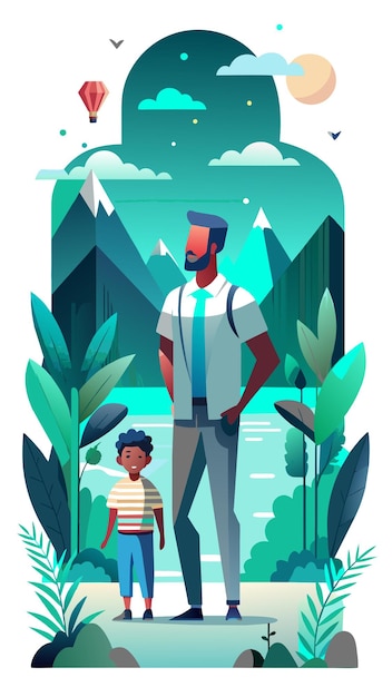 Vector a poster for a man and a child with mountains in the background