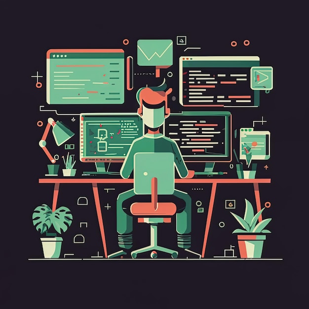 Vector a poster of a man sitting at a desk with a laptop and a plant in the corner