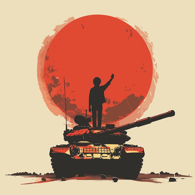 Vector a poster for a man on top of a tank with a silhouette of a soldier on the top