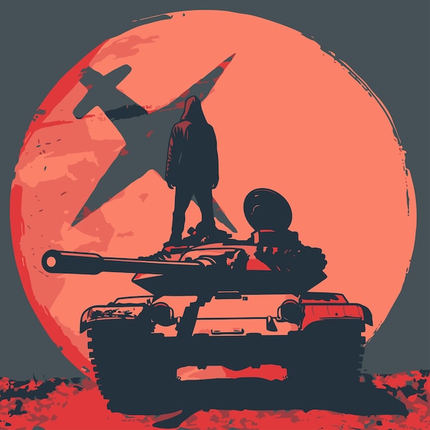 Vector a poster for a man on top of a tank with a symbol that says peace