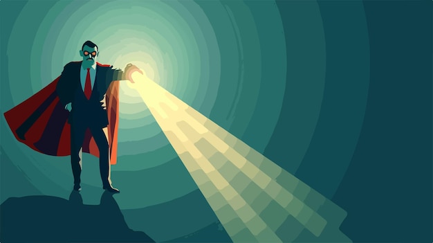 Vector a poster for a man with a red cape standing on a cliff with the light shining on his face