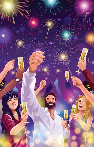 Vector a poster of a man and woman holding champagne glasses with fireworks in the background