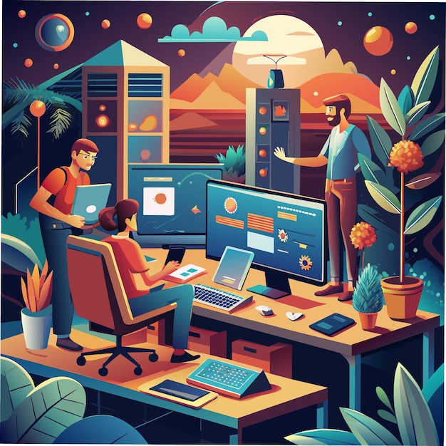 a poster of a man and a woman working at a computer with the word  the moon  on it