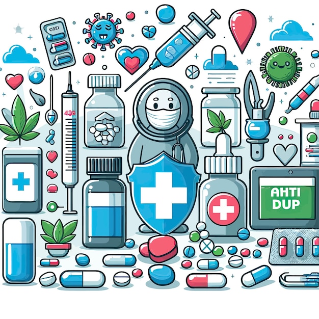 a poster of medical items including a blue shield medicine medicine and medical icons