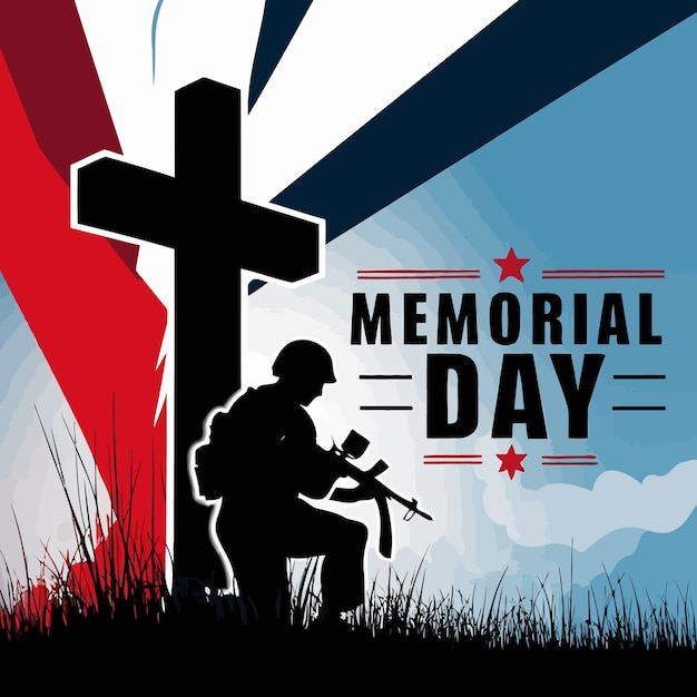 a poster for memorial day with a man holding a gun and a cross