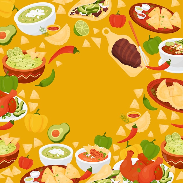 Poster mexican food Quesadilla Tacos guacamole with nacho Tomato Soup Empanadas on yellow background