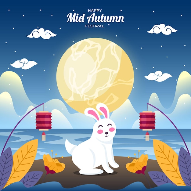 A poster for mid autumn festival with a rabbit and moon on the bottom.