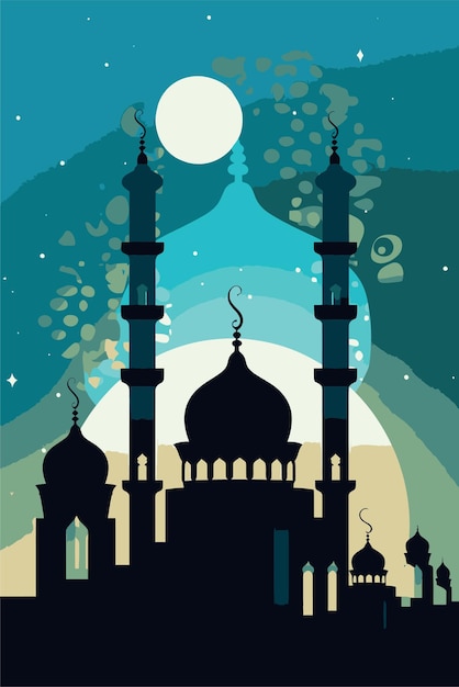 A poster for a mosque with a moon and stars.