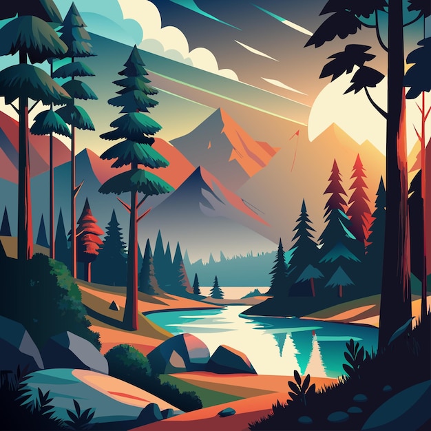 a poster for a mountain lake with trees and mountains in the background