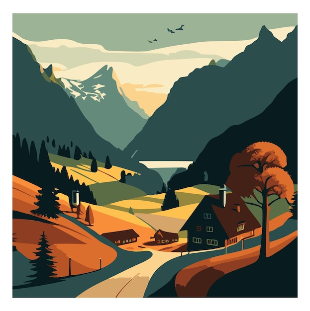 A poster for a mountain village with a mountain in the background.