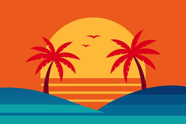 a poster for the movie with palm trees and a sunset