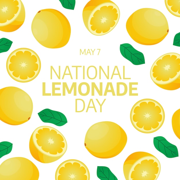 A poster for national lemonade day with yellow lemons and green leaves.