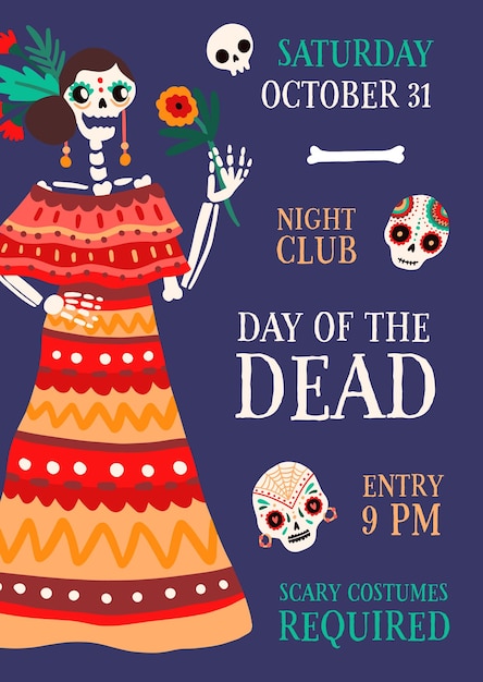 Poster for national mexican holiday Day of the dead with female skeleton in ornamented dress with flower and sugar skulls. Flat vector cartoon illustration of party placard for Dia de los muertos.