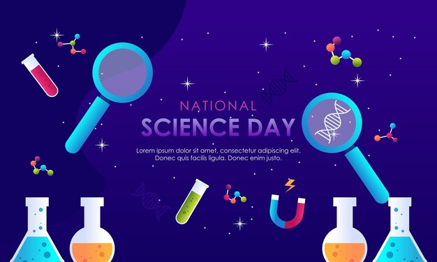 A poster for national science day with tools and a microscope.