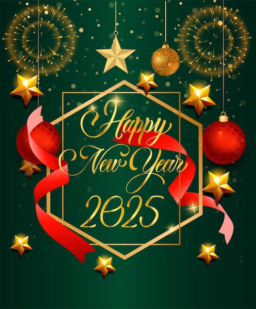 a poster for new year with a gold star and red ribbon