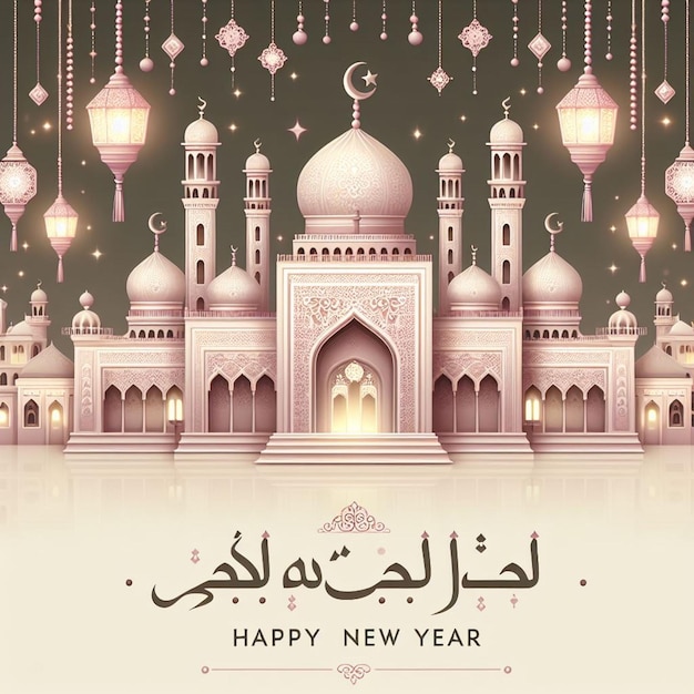 a poster for a new year with a mosque and a mosque on the top