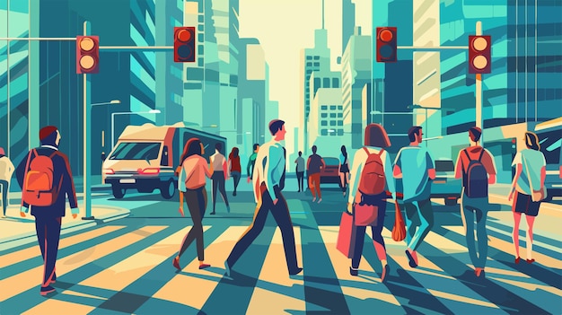 Vector a poster of people crossing a street with a man walking in the background