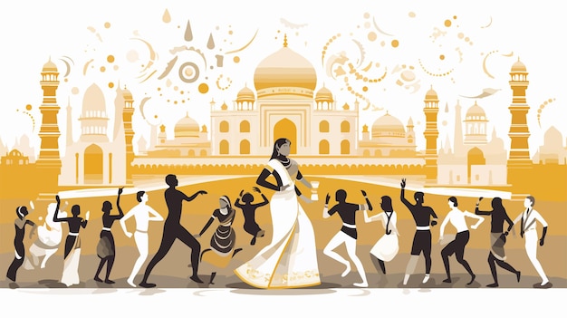 a poster of people dancing in front of a mosque with a woman in a white dress