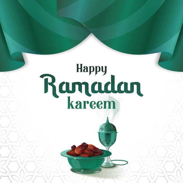 A poster for ramadan kareem with a green and white background and a cup of hot oil and a candle.