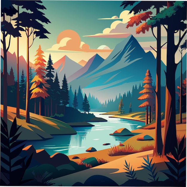 a poster for a river with a river and mountains in the background