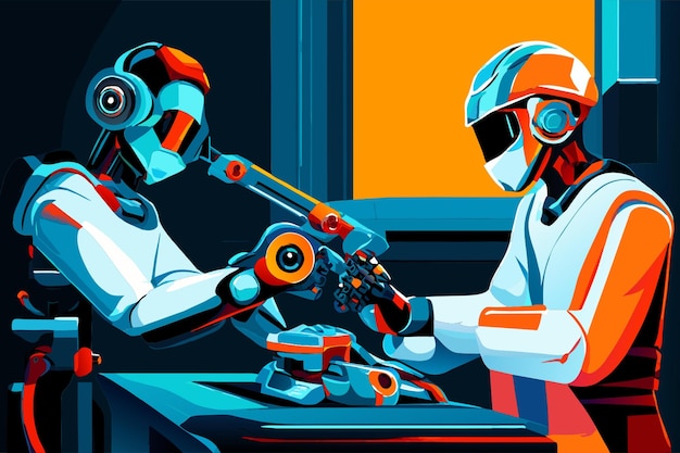 Vector a poster of a robot with a blue and orange background