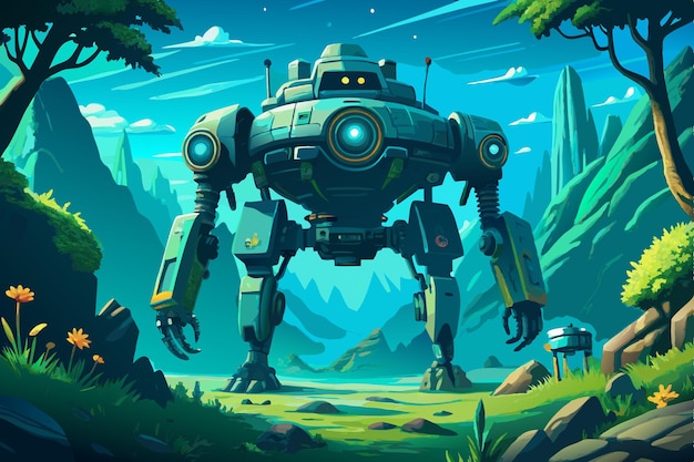 a poster for a robot with a mountain in the background