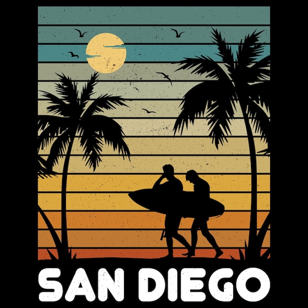 A poster for san diego showing two surfers walking on the beach.