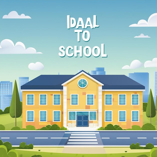 a poster for the school with a picture of a school building on the top