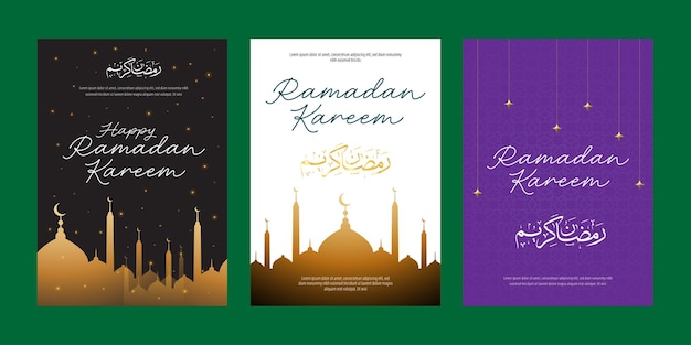 Poster set greetings of Ramadan Kareem Ramadan Mubarak welcoming fasting month for islamic or mosl