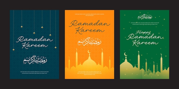 Poster set greetings of Ramadan Kareem Ramadan Mubarak welcoming fasting month for islamic or mosl