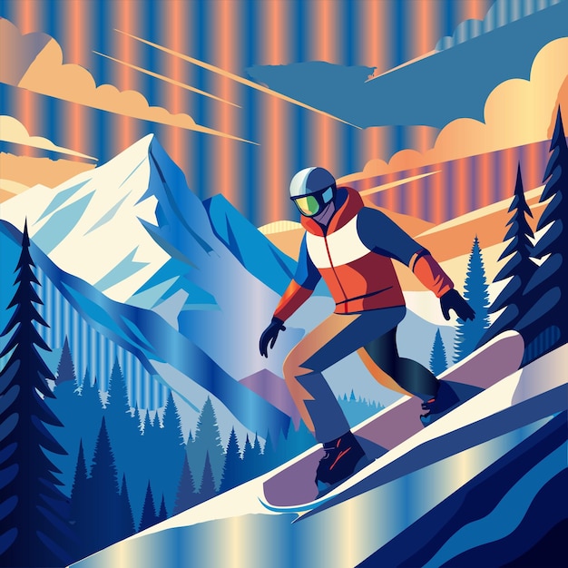 Vector a poster of a snowboarder in a forest with mountains in the background