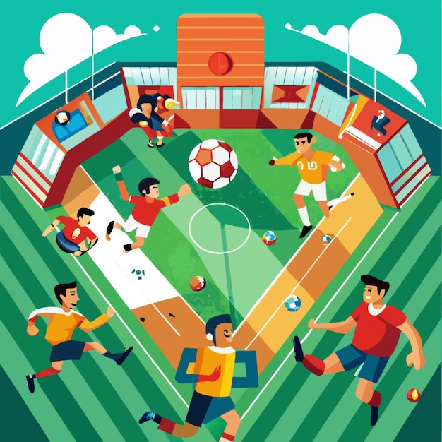 Vector a poster of soccer players on a field with a soccer ball in the middle