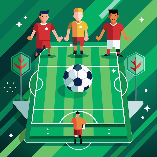 Vector a poster of soccer players on a green field with a soccer ball in the middle