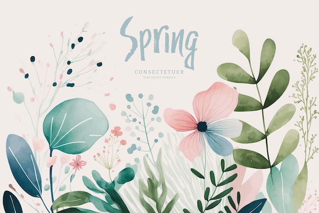 A poster for spring with flowers and leaves.