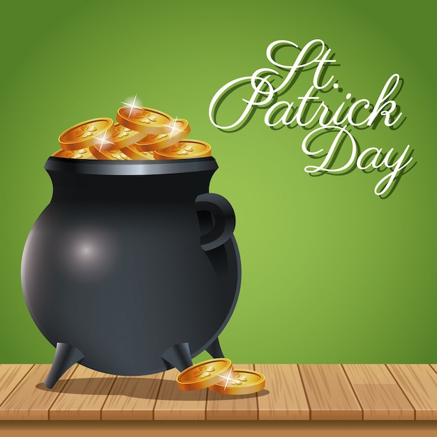 Poster st patrick day pot coins gold on wooden green background